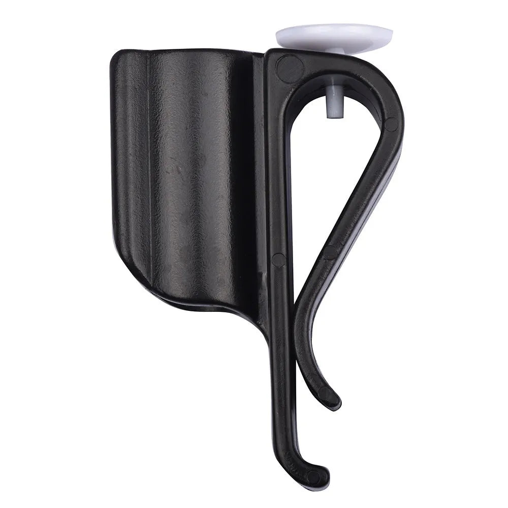 Black plastic golf putter fixing clip holder attached to a golf bag