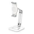 White aluminium alloy folding tablet and phone stand on a desk, folded size 20x13.6x8.3cm