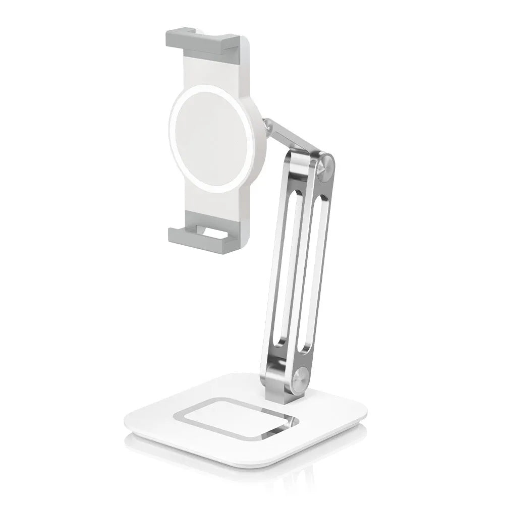 White aluminium alloy folding tablet and phone stand on a desk, folded size 20x13.6x8.3cm
