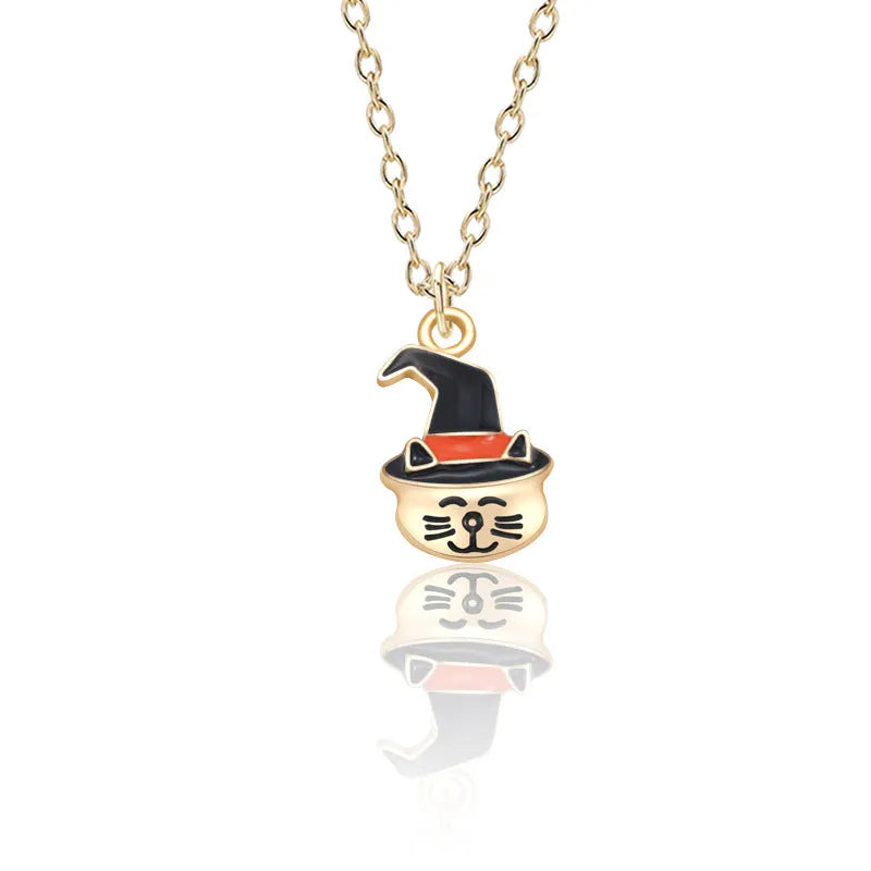 Halloween oil drop pumpkin cat pendant necklace on adjustable 45 plus 5cm alloy chain with electroplated finish