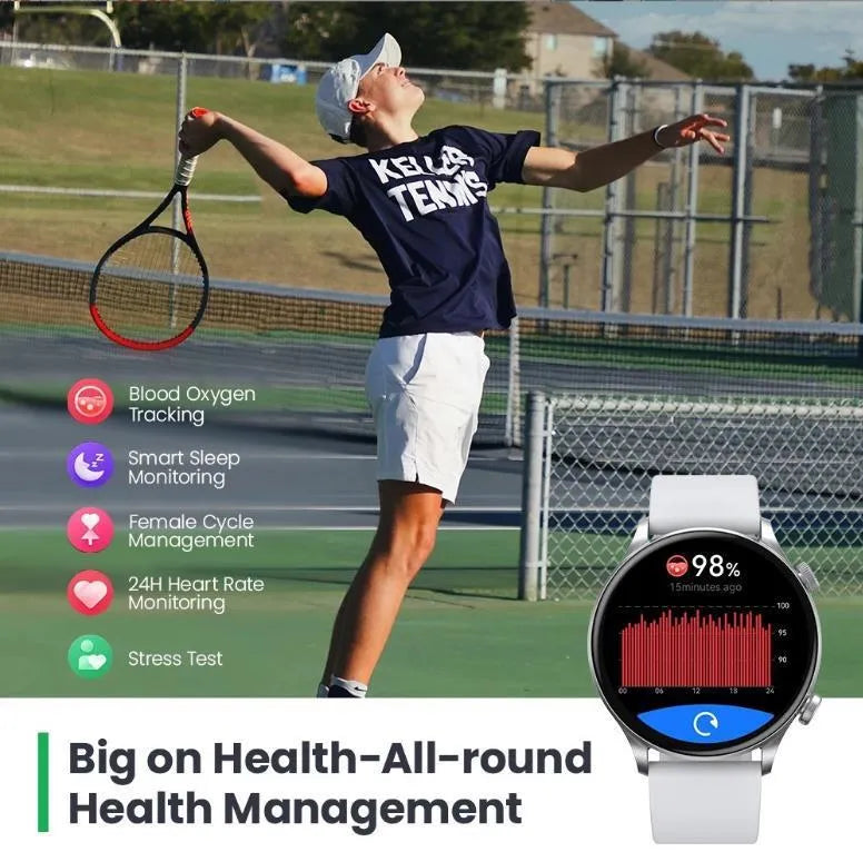 Black Bluetooth smartwatch with AMOLED display showing heart rate and call interface
