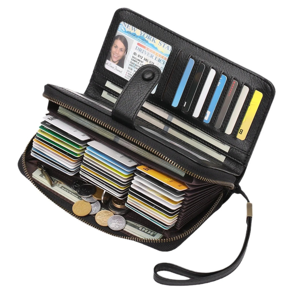 Light brown expanding card holder wallet for women showing multiple card slots and anti-theft swiping feature.