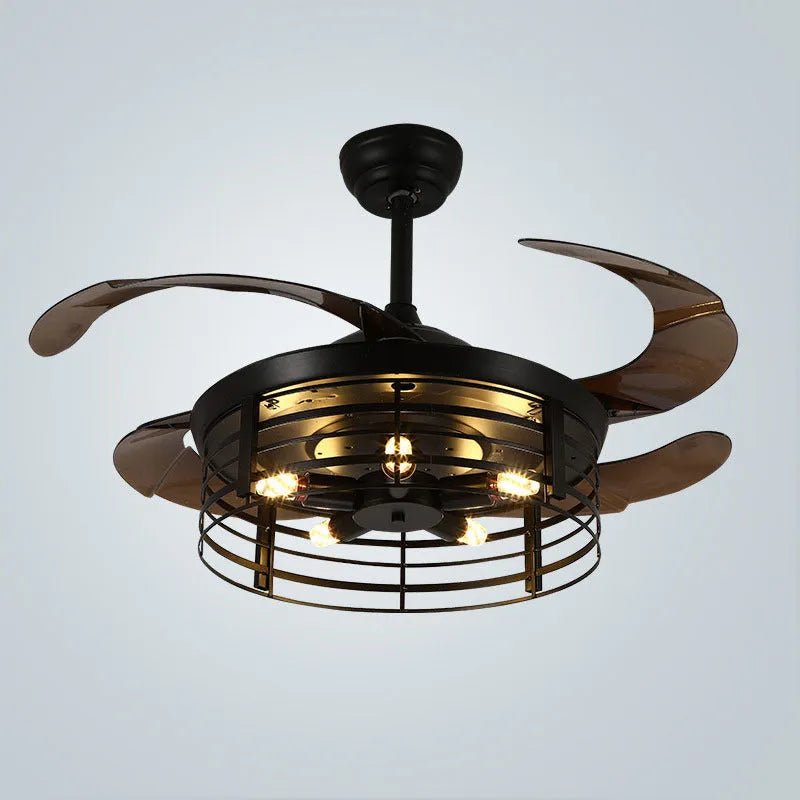American retro industrial style ceiling fan lamp with acrylic blades and shade, remote control on table.
