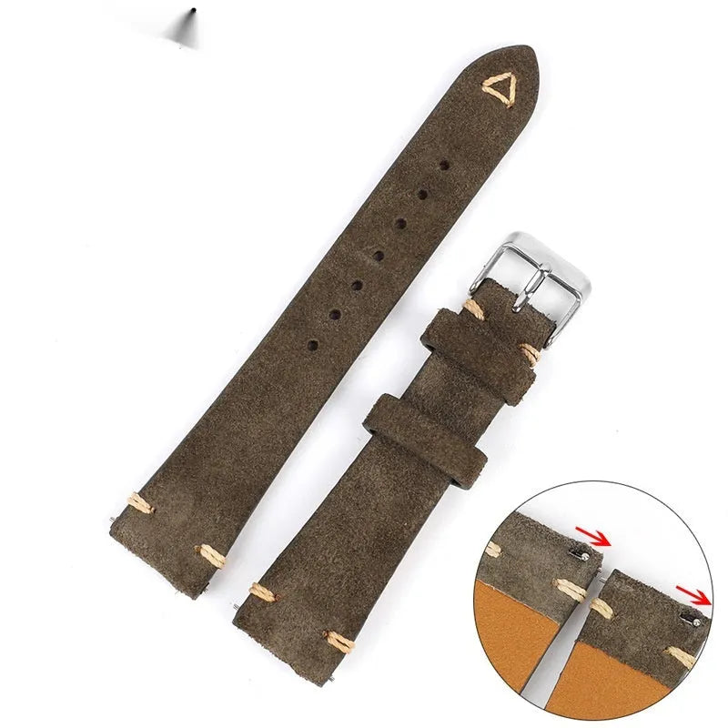 Genuine suede leather watch strap in brown, blue, grey, or army green for 20mm or 22mm watches.
