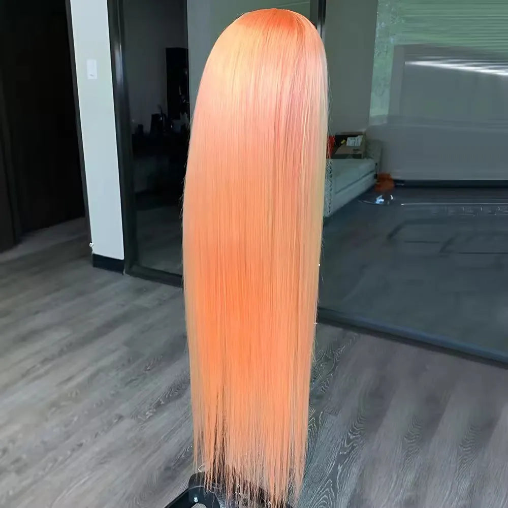 Light orange long straight lace front wig with side bangs on a wig head.
