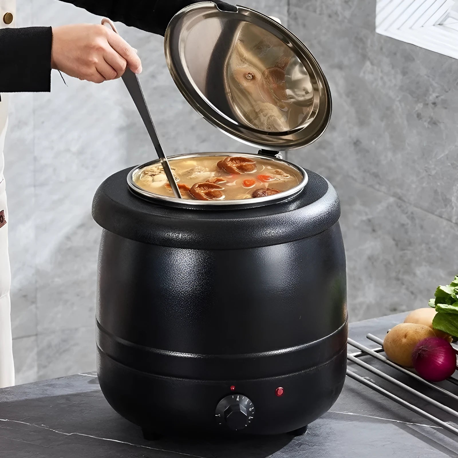 Black 10-litre stainless steel insulation pot with a large mouth and steel cover, shown with an adapter plug.