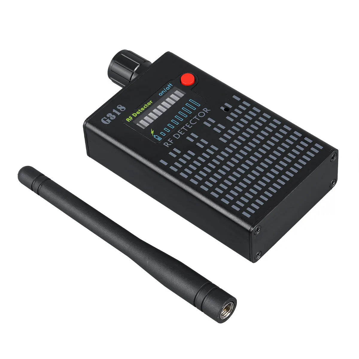 Black G318 aluminium alloy hidden camera detector with compact dimensions for portable privacy checks