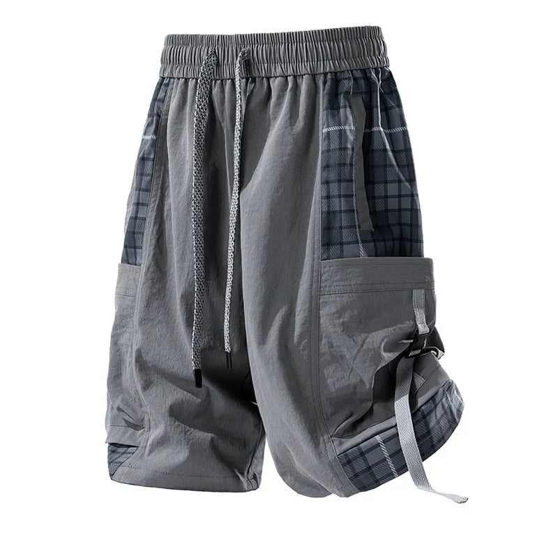Men's casual cargo shorts with plaid stitching detail in loose fit design