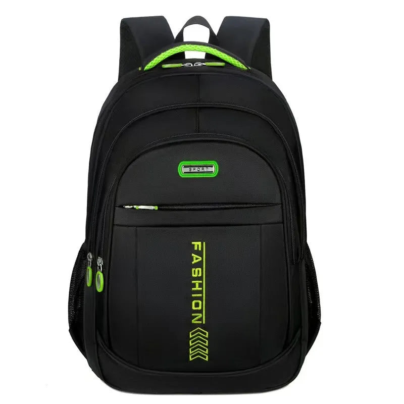 Blue business travel backpack with airpillow straps and sewing line detail on Oxford cloth.