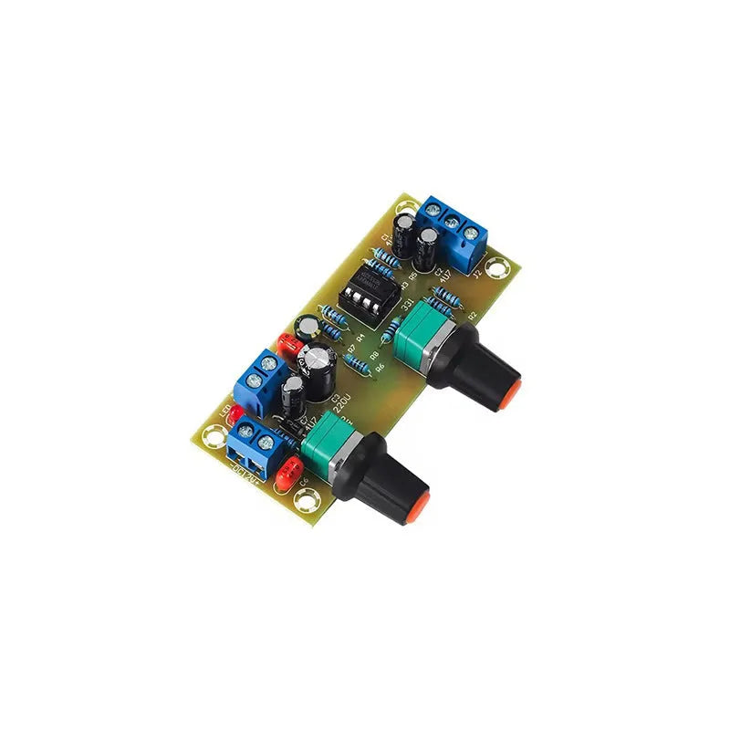 Single power supply 10-24V front stage audio board with bass boost, FR-4 PCB measuring 78x32mm