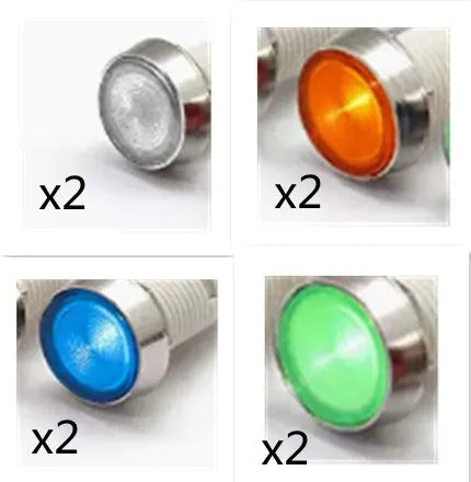 10mm stainless steel edge plastic indicator light with wire, shown in available colours: white, yellow, red, green, blue.