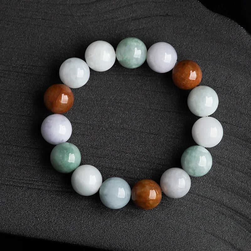Women's natural Myanmar jade bracelet with three colours in 13mm round beads, national style design