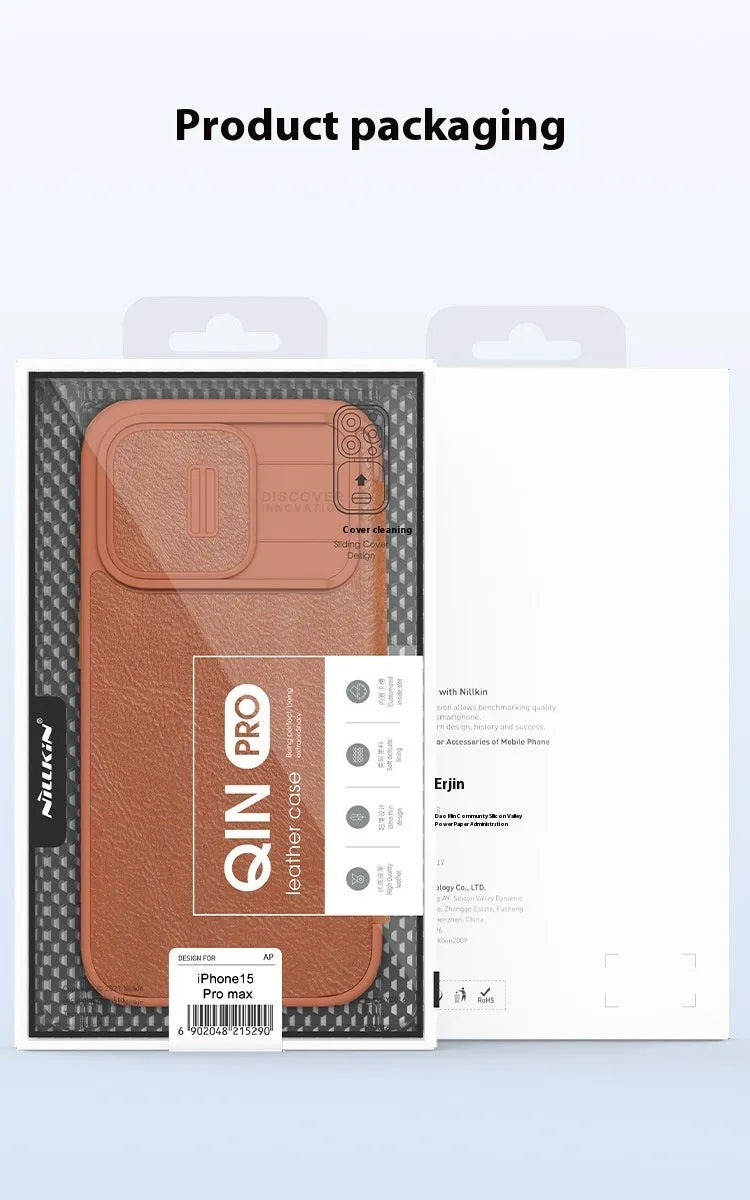 Black imitation leather flip phone case for iPhone, shown open and closed.