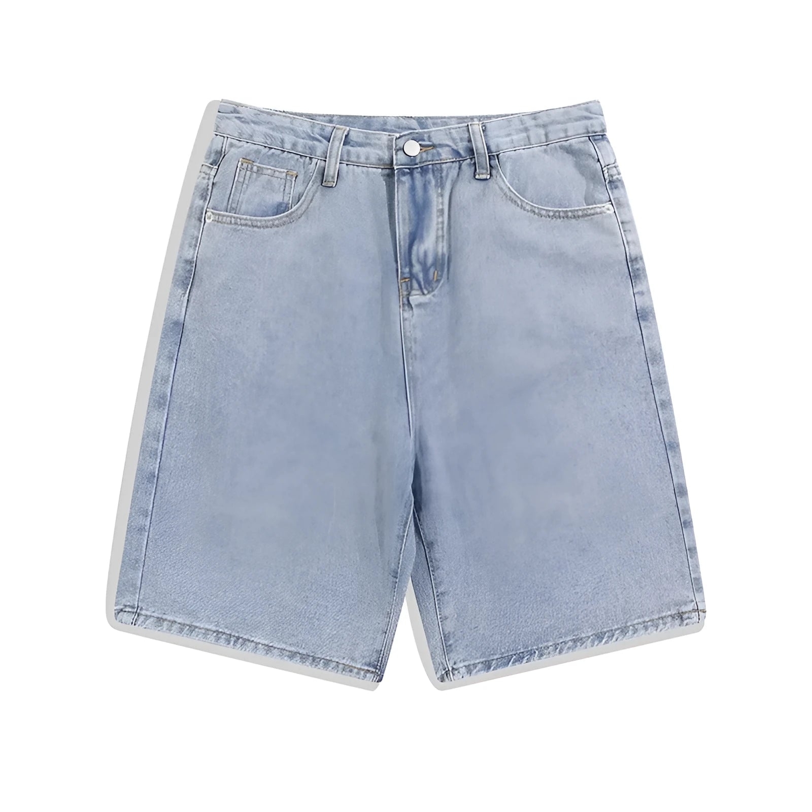 Men's light blue denim shorts with a straight-leg, five-point design and zipper fly.