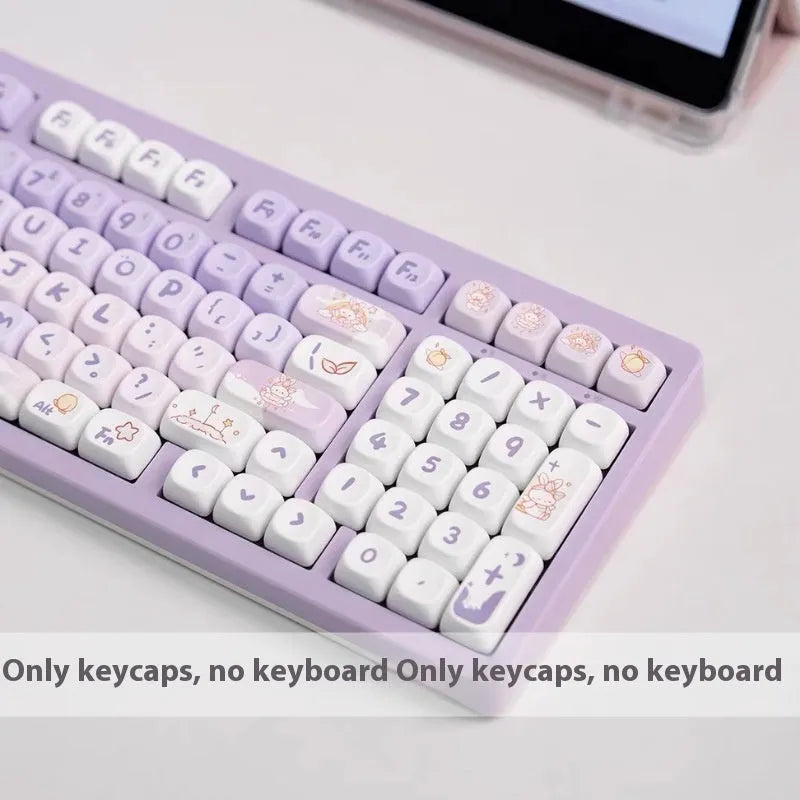 Set of gradient purple PBT key caps for mechanical keyboards featuring rabbit artwork.