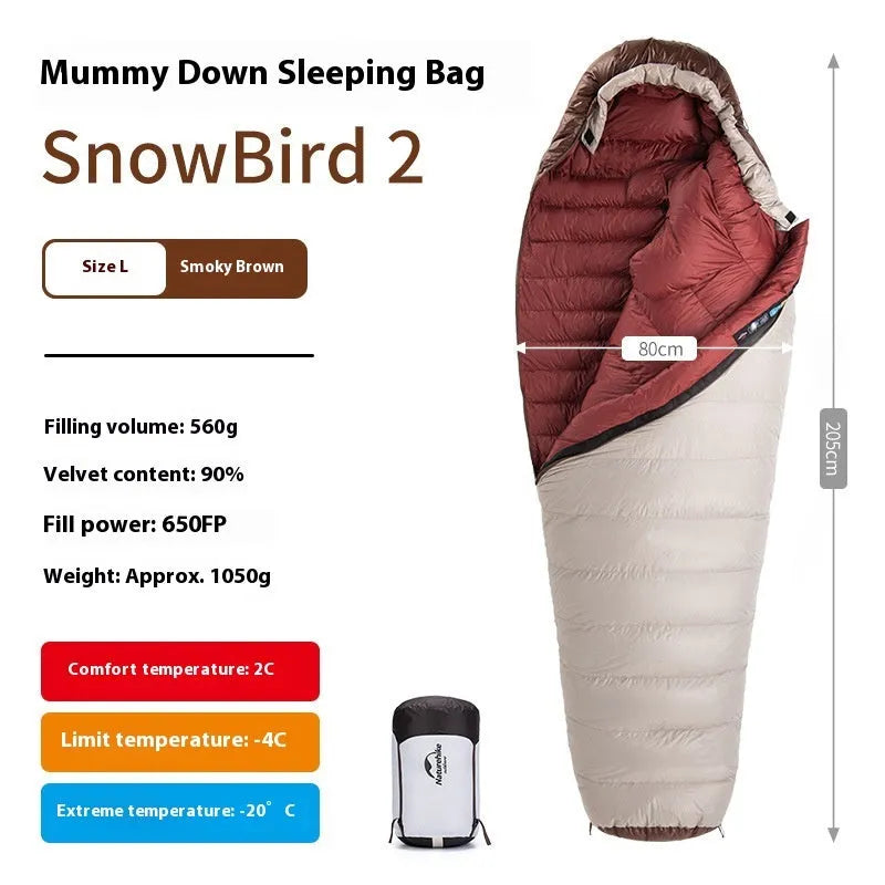 Mummy style goose down sleeping bag with storage bag for camping