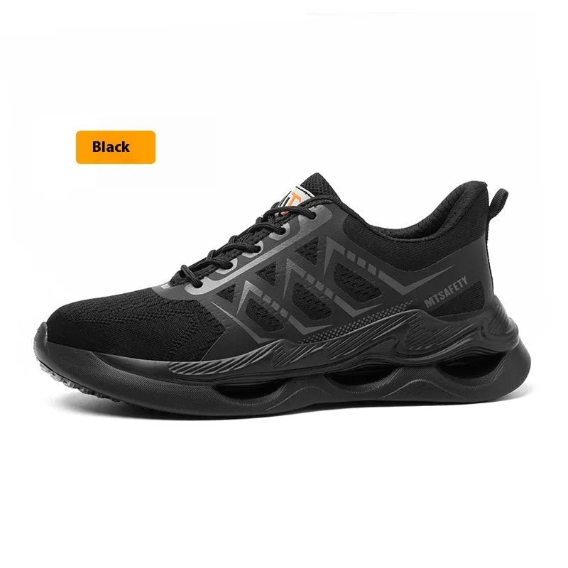 Men's black lace-up steel toe safety shoes with a breathable flat knitted upper and rubber sole.
