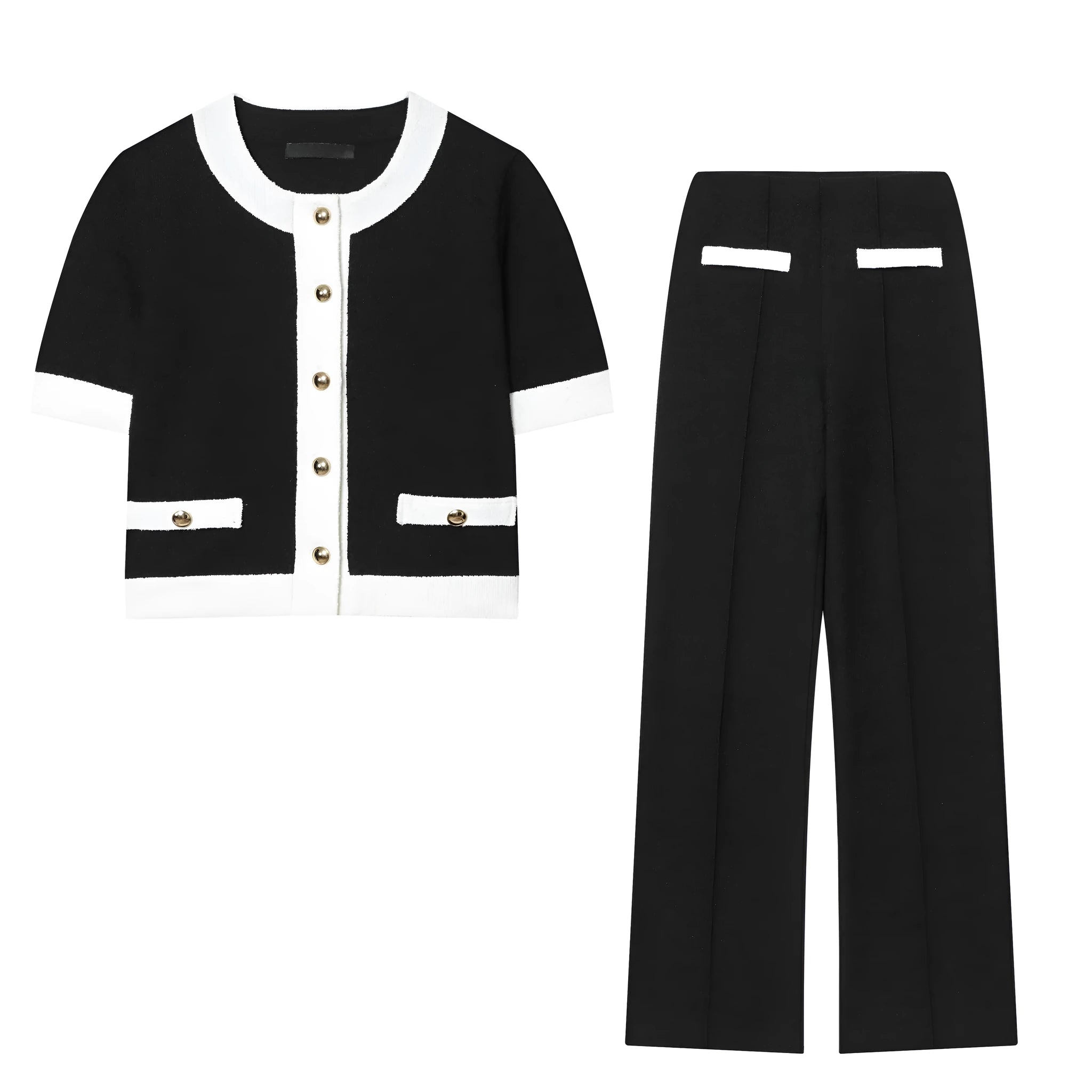 Women's beaded leather accent top and high-waisted stretch trousers suit set in contrast colours.