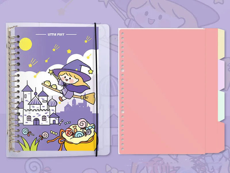 B5 replacement core notebook for detachable big coil binders with whimsical design options showing Snowman, Autumn Travel, Dessert House and Little Witch themes