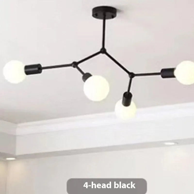 Iron Nordic-style chandelier ceiling lamp with multiple light heads, in black or white.