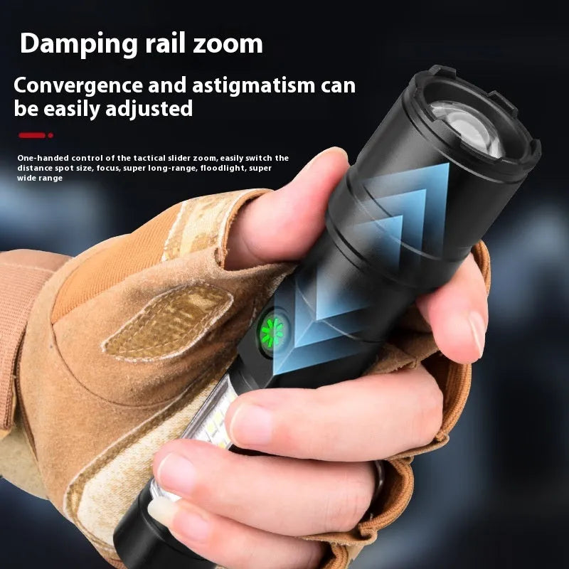 Black aluminium alloy USB rechargeable flashlight torch with optical zoom lens.