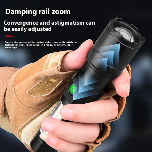 Black aluminium alloy USB rechargeable flashlight torch with optical zoom lens.