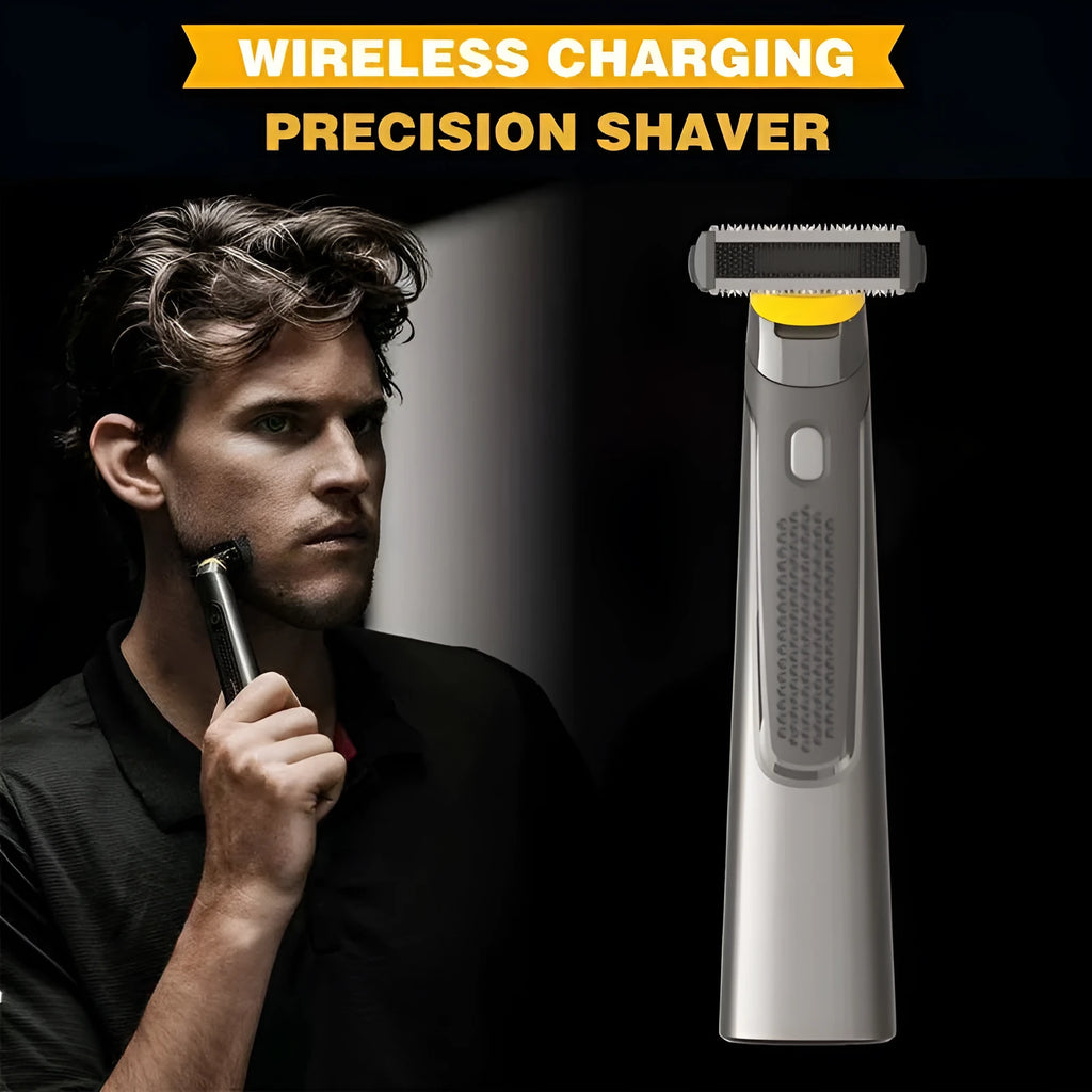 Black wireless rechargeable men's shaver with LED light on a compact stainless steel blade head
