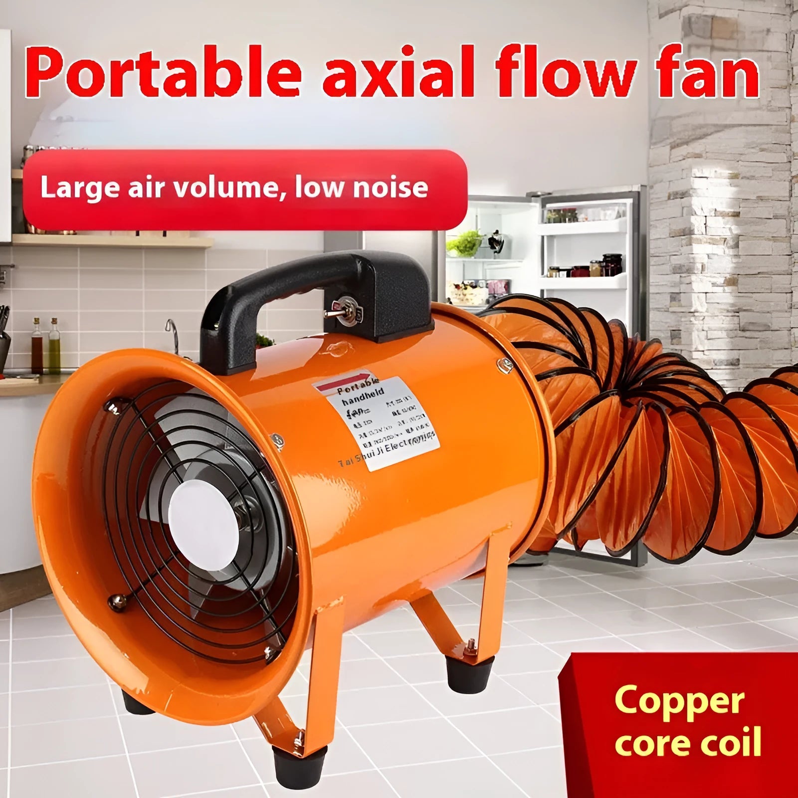 Portable 8-inch titanium steel industrial axial flow fan with a 5-metre air duct for ventilation.