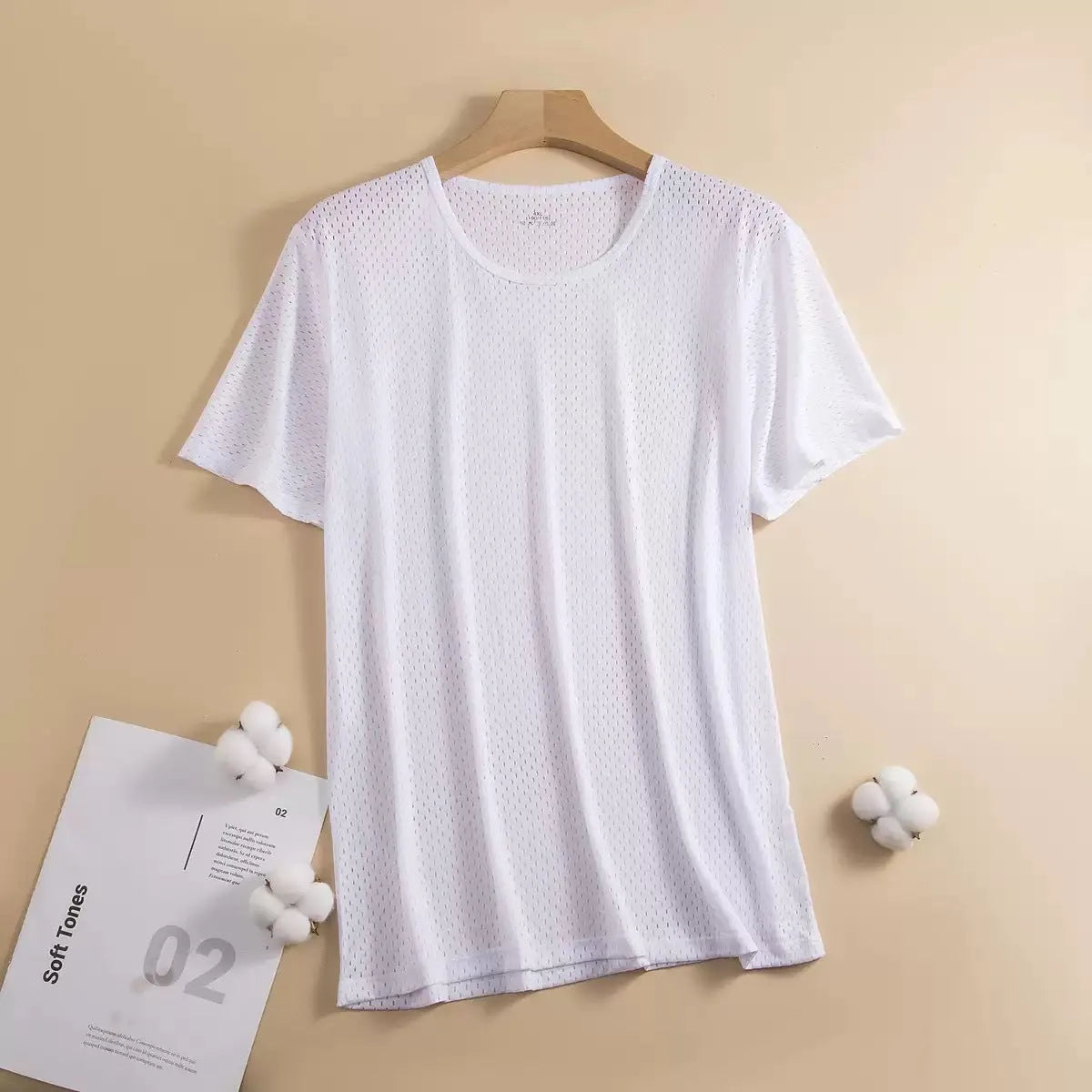 Men's solid colour Ice Silk short sleeve crew neck t-shirt on a hanger.