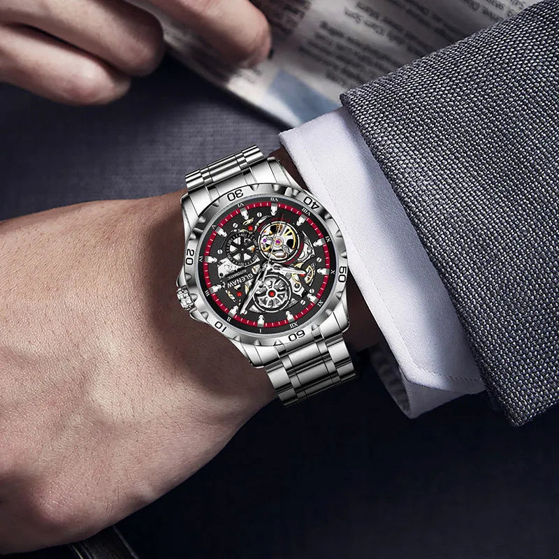 Men's automatic mechanical watch with hollow-out design, luminous hands and stainless steel strap