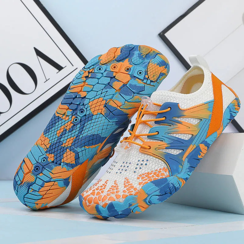 Men's and women's quick-drying lace-up beach wading shoes in various colours on a non-slip rubber sole.