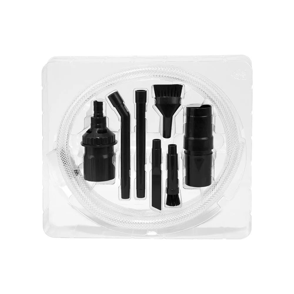 Eight-piece vacuum cleaner accessory set including a small suction head, dusting brush, crevice tool, and upholstery nozzle arranged on a white background.