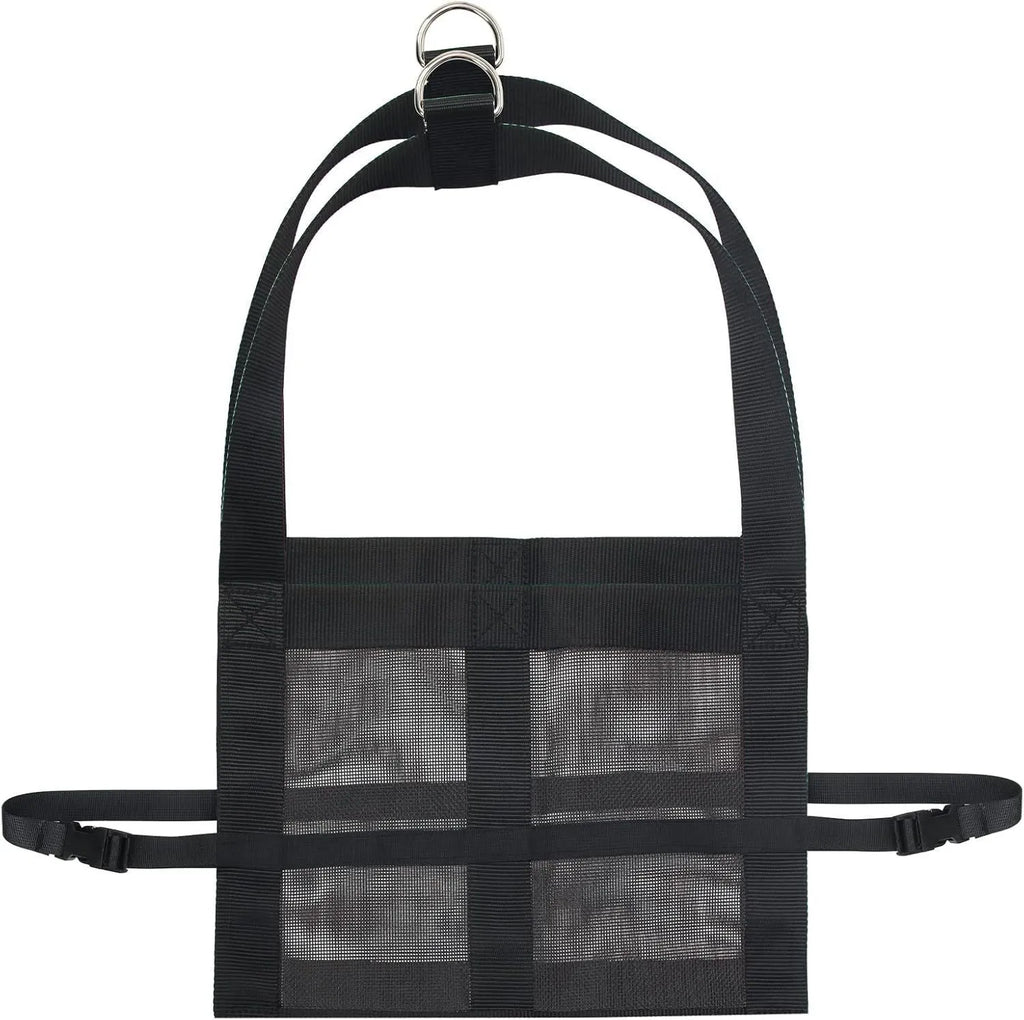 Black animal weighing sling measuring 35cm by 150cm with four attachment points for livestock and pet handling