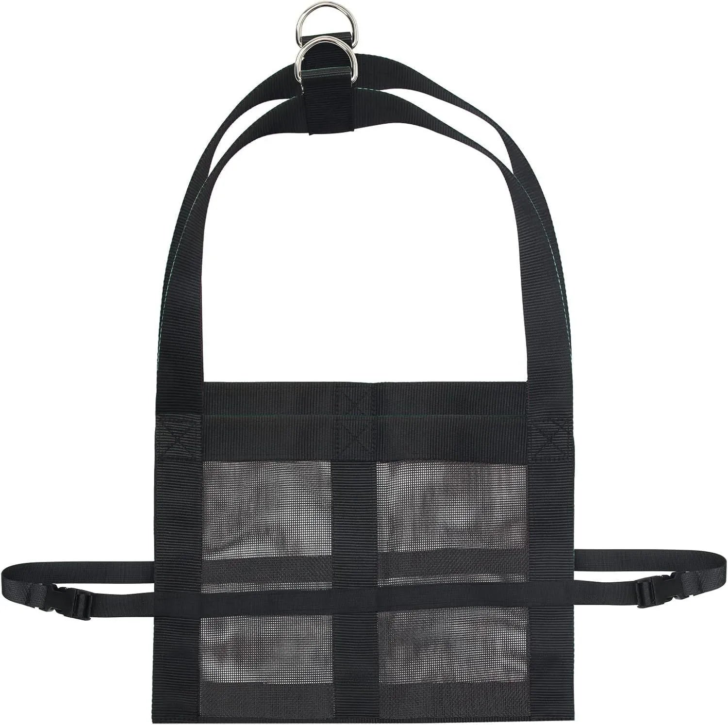 Black animal weighing sling measuring 35cm by 150cm with four attachment points for livestock and pet handling