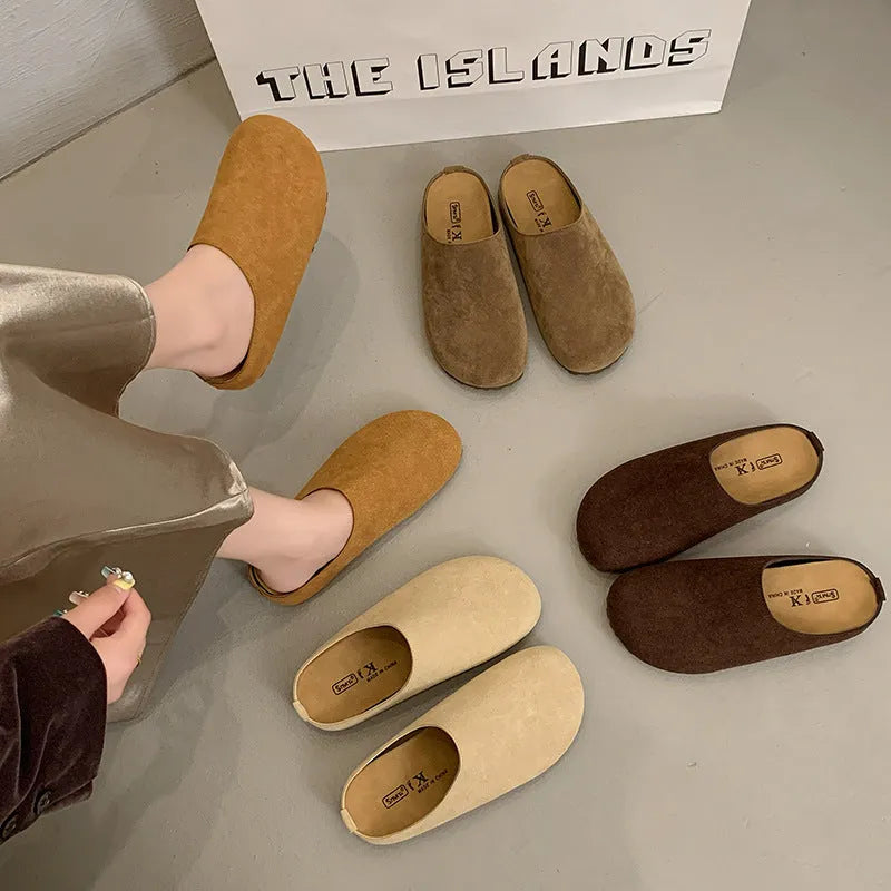 Korean style square head outdoor slippers in apricot, khaki, camel, and brown colours
