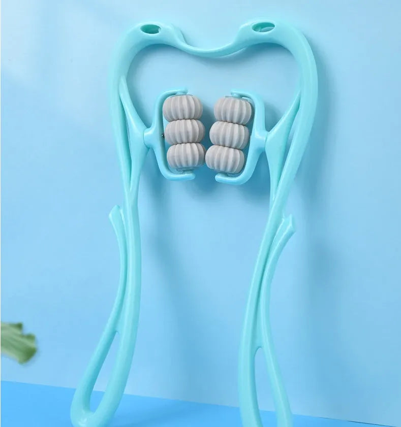 Pink or blue six-roller manual neck massager with jade scraping board, approx 35cm x 18cm