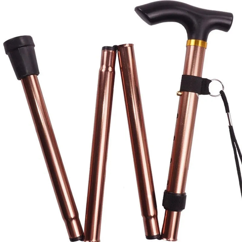 Adjustable aluminium folding walking cane extended, showing anti-slip handle and rubber tip.