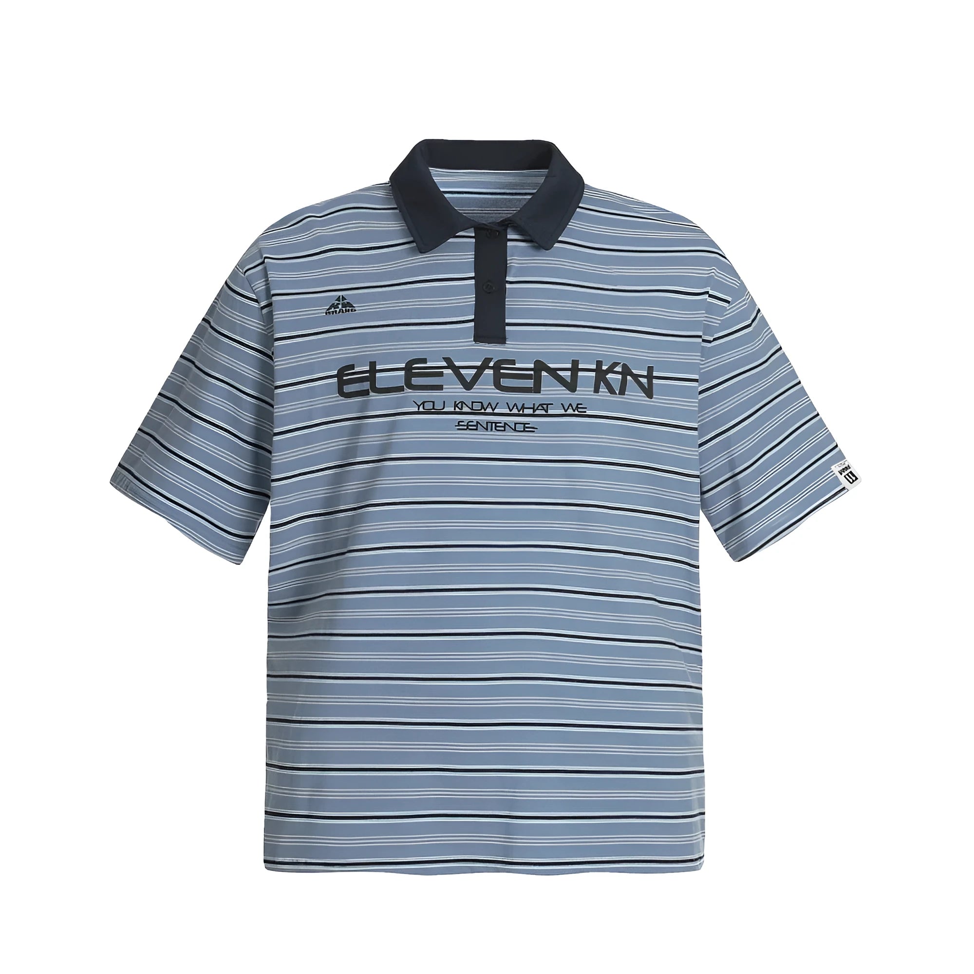 Man's blue striped cotton polo shirt with short sleeves and a loose, casual fit.