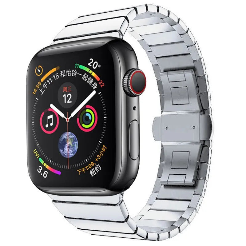 Stainless steel metal watch strap with butterfly buckle for Apple Watch in multiple colour options