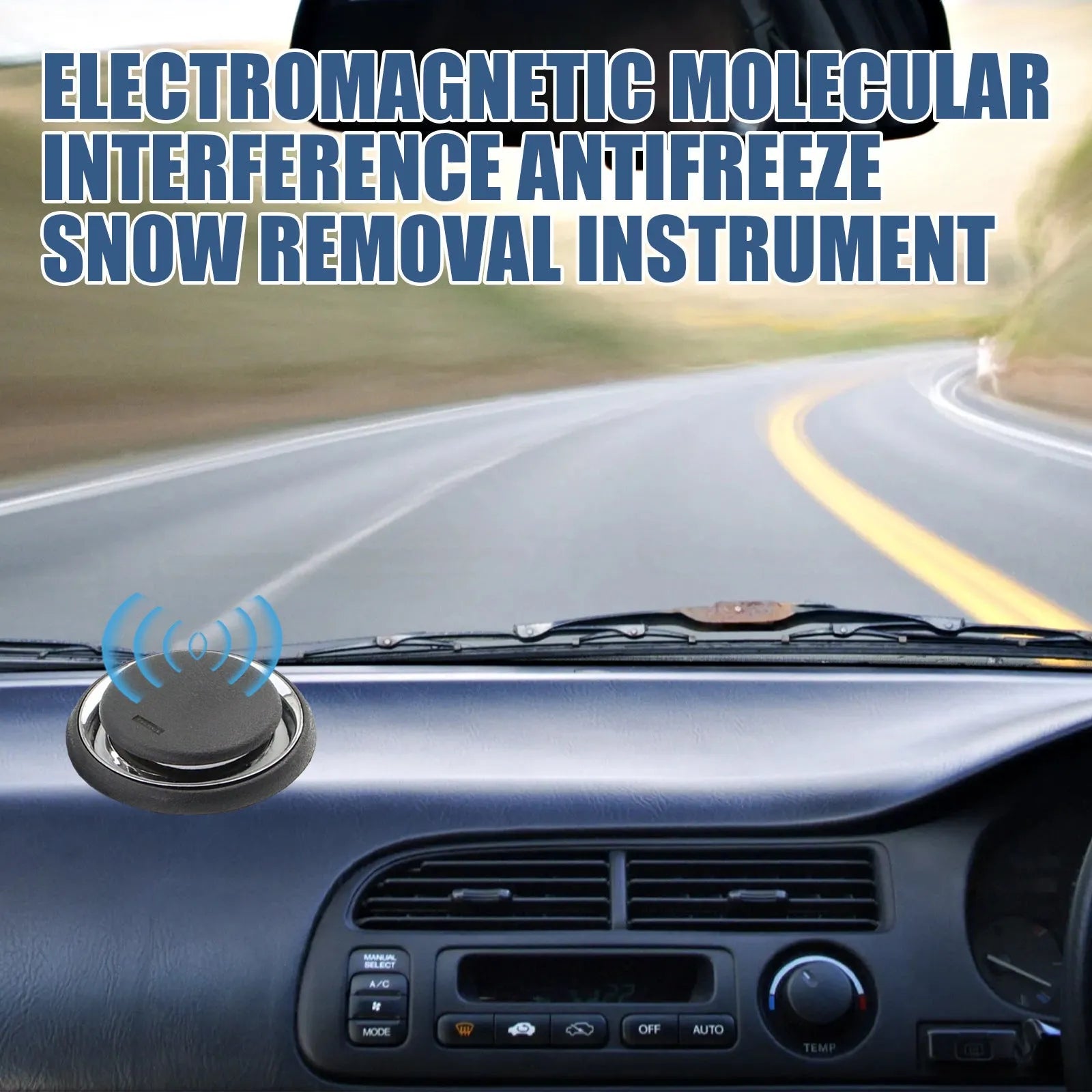 Black portable car deicing and snow melting instrument on a windscreen.