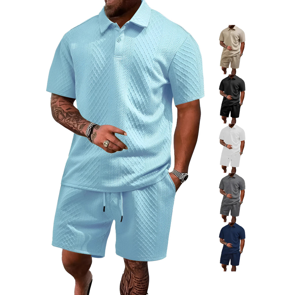Men's patterned polyester casual suit with short-sleeve polo shirt and trousers in multiple colour options