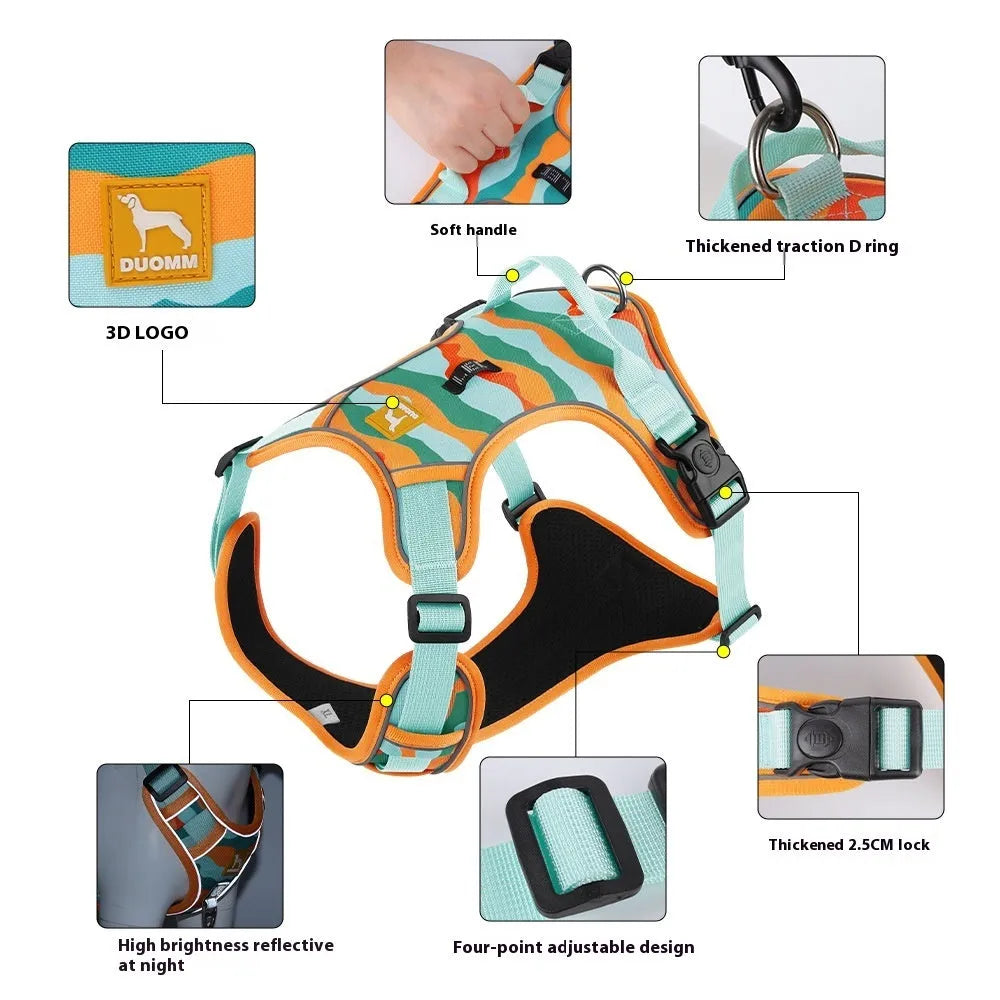 Reflective orange dog harness and lead set with chest and back straps held in a hand.
