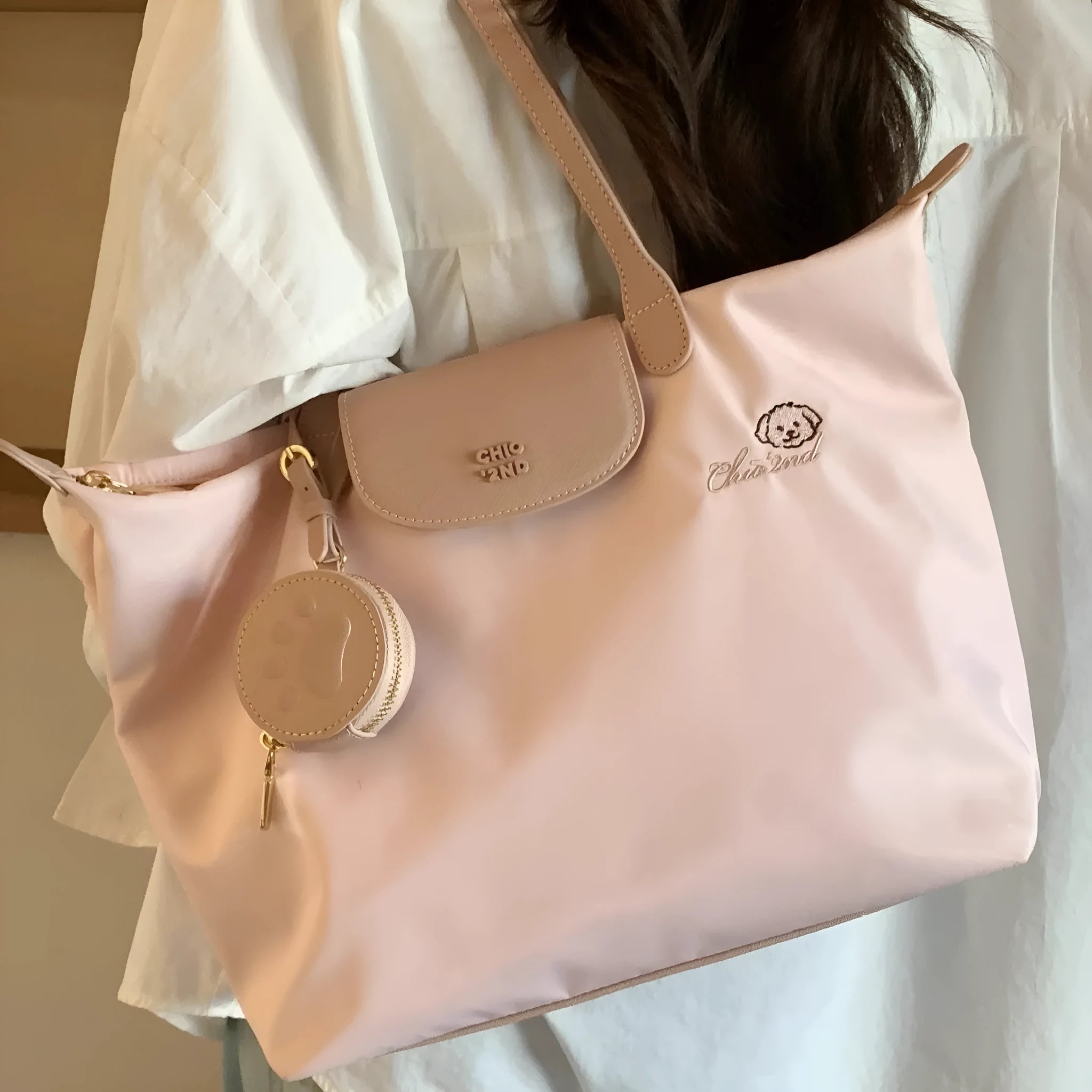 Oxford cloth tote shoulder bag in beige colour with sandwich pockets and mobile phone compartment