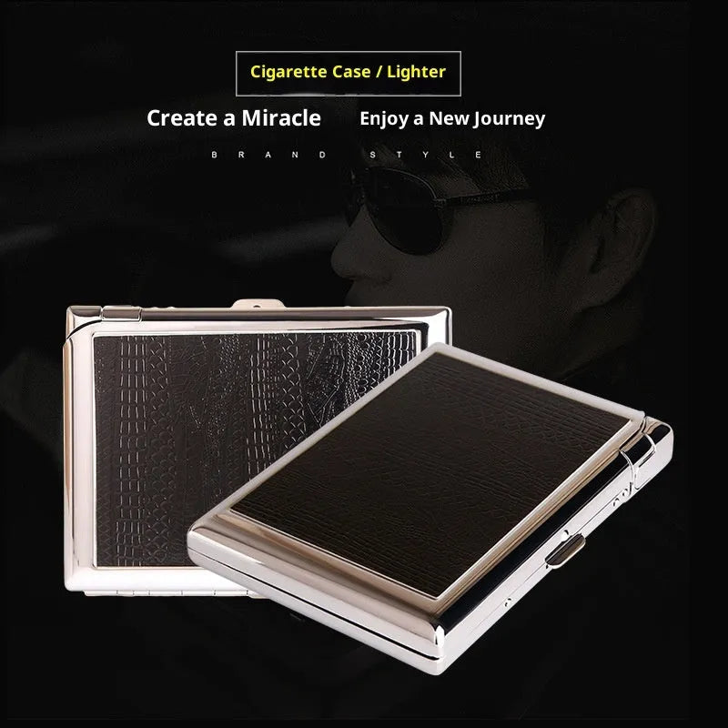Leather cigarette case with windproof metal lighter, DH-8923 model, modern simplicity style