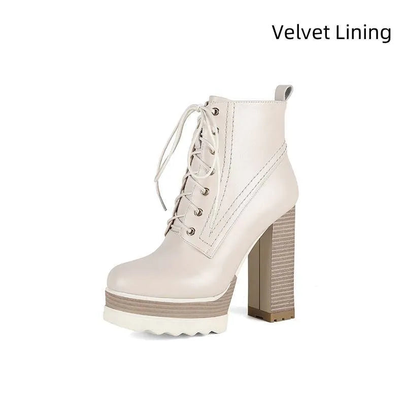 Women's black waterproof platform boots with chunky heels and side zipper