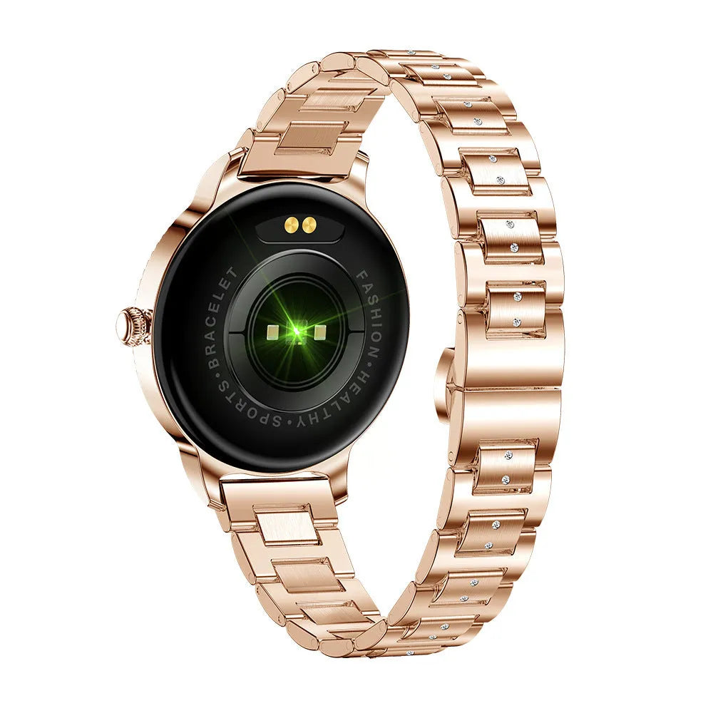 AK38 ladies smartwatch with stainless steel band and 1.09 inch colour screen.