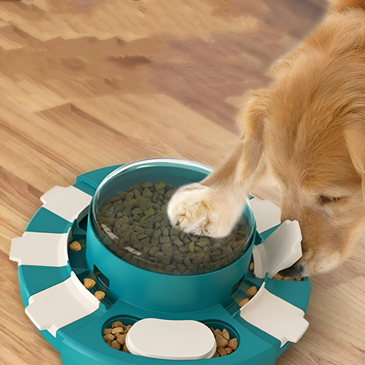 Plastic dog puzzle toy in multiple styles including press disc, rotating disc, chessboard and drum for slow feeding and training.
