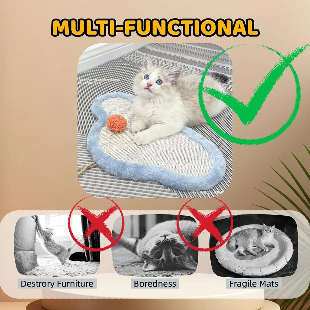 White cat scratching mat with cartoon sleeping cat design, made from natural sisal fibre