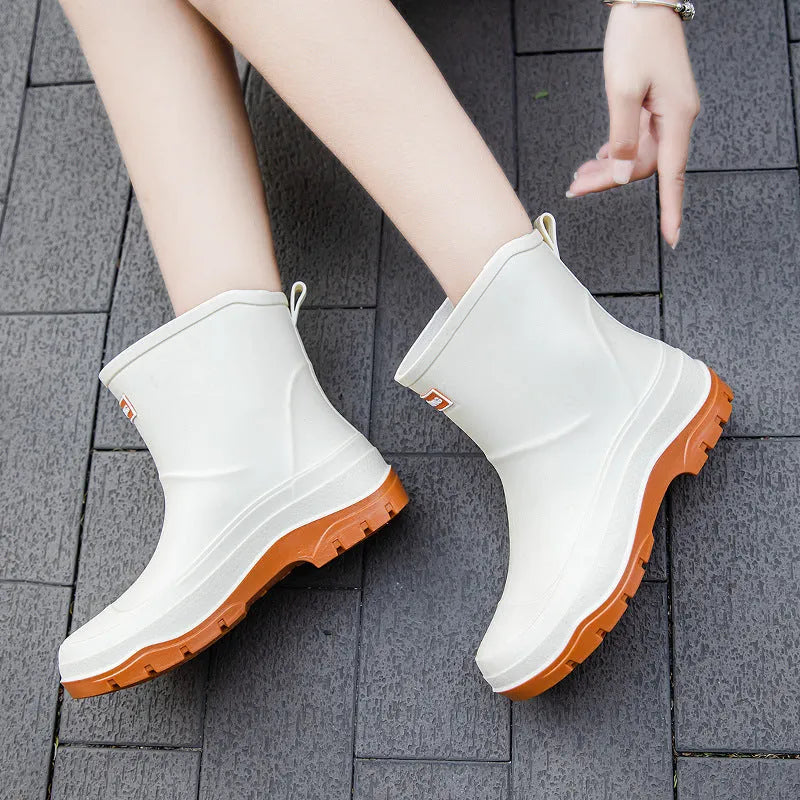 Women's short waterproof rubber shoes with non-slip soles in multiple colour options