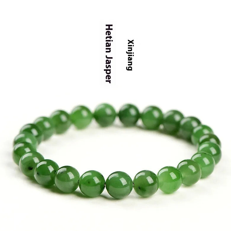 Polished natural jasper bead bracelet in Hetian jade, showing multiple bead size options on a wrist.